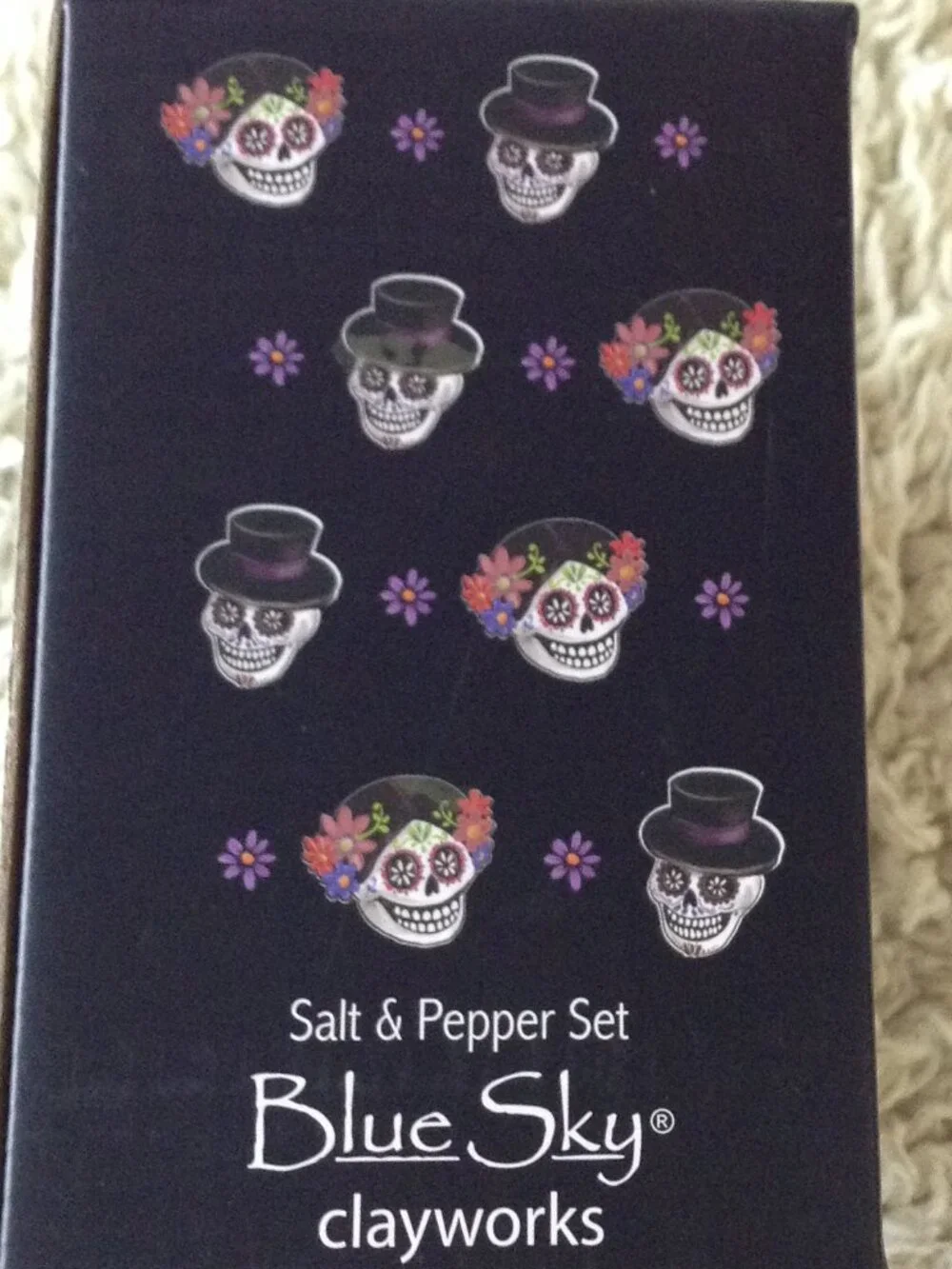 NWOT Day of the Dead Blue Sky Clayworks Salt and Pepper Shakers Halloween Spooky